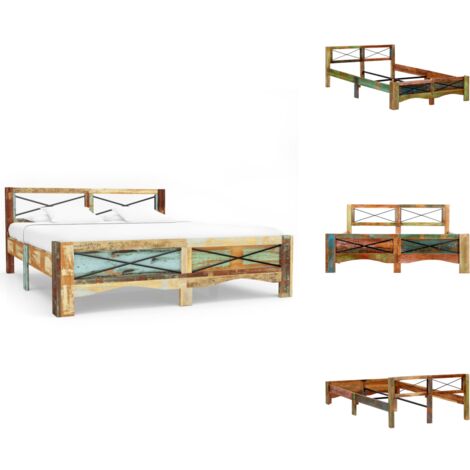 Cadre de lit Bois de récupération massif 140 x 200 cm - Cadre De Lit - Lit En Bois - Lit Vintage - Meubles Rustiques - Mobilier Recyclé