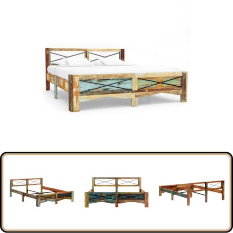 Cadre de lit bois de récupération massif 160x200 cm - Lit En Bois - Cadre De Lit Vintage - Meubles Rustiques - Mobilier Recyclé - Lit Artisanal