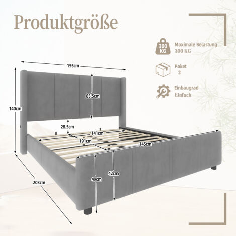 Cadre de lit capitonné élégant et moderne de 140 x 190 cm, tête et pied de lit hauts, port USB certifié, structure en fer et sommier en bois, stable et durable, gris