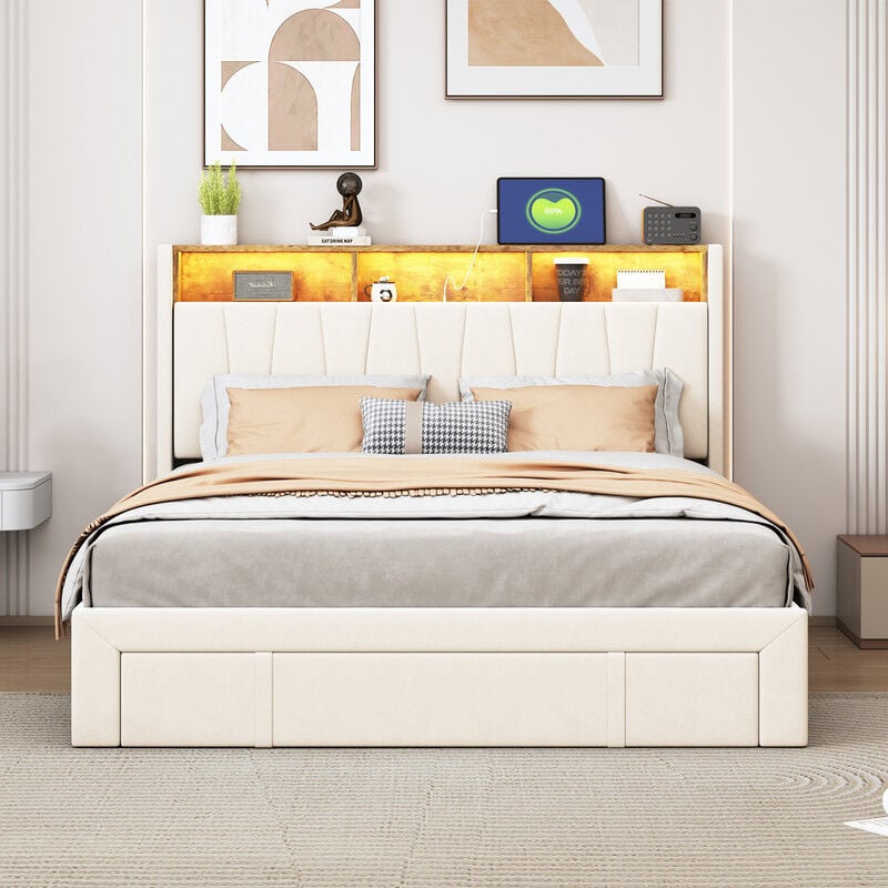 Cadre de lit complet avec 4 tiroirs et tête de lit, cadre en métal avec lumières rvb et chargeur rapide, pas de sommier nécessaire, sans bruit, beige
