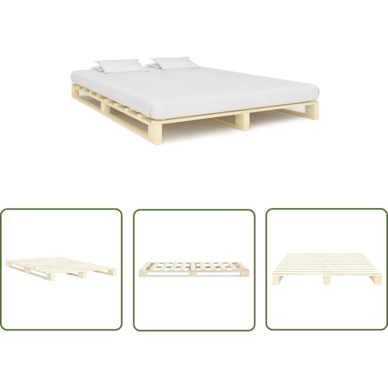 Hommoo - The Living Store Cadre de lit de palette sans matelas 140x200 cm bois massif pin - Cadre De Lit - Lit Double - Lit En Bois - Lit Massif