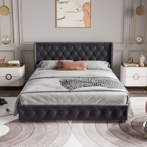 Cadre de lit de rangement relevable, cadre de lit à plate-forme King robuste avec tête de lit capitonnée, cadre de lit complet relevable avec tête de lit, Dar Grey, 160 x 200 cm