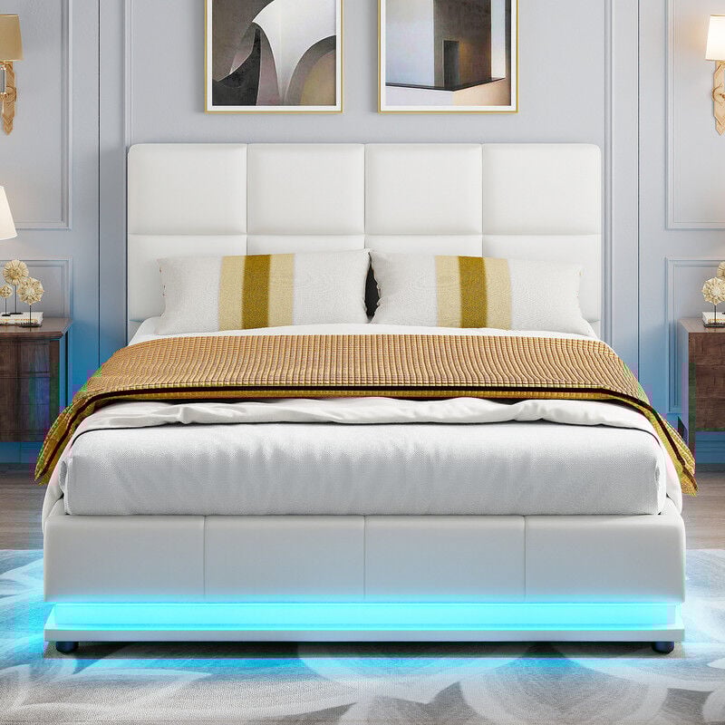 Cadre de lit de rangement relevable Queen Size, tête de lit moderne à dos d'âne, cadre de lit complet tapissé avec support à lattes en bois et