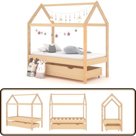 Cadre de lit d'enfant avec tiroir Bois de pin massif 70x140 cm - Lit Bébé - Lit Enfant - Lit Design - Lit Cabane - Meuble Enfant