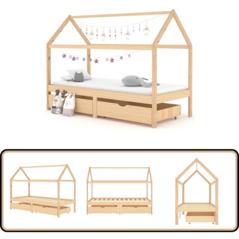 Cadre de lit d'enfant avec tiroirs Bois de pin massif 90x200 cm - Lit Bébé - Lit Enfant - Meuble Enfant - Mobilier Enfant - Cabane Lit