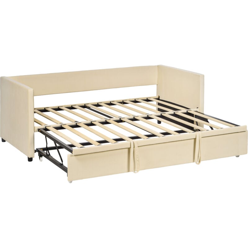 Homcom - Cadre de lit deux-en-un - tête de lit, sommier inclus - dim. 203l x 190,5P x 75H cm - compatible matelas 190L x 90l cm - blanc crème