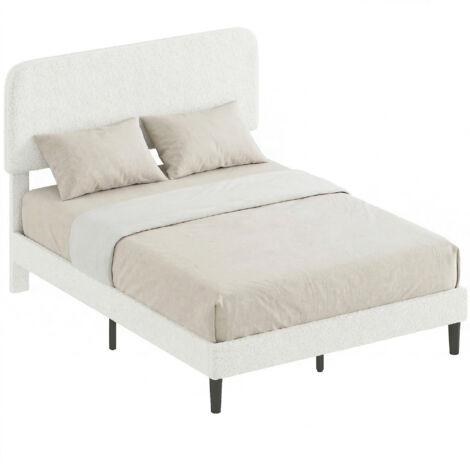 Cadre de Lit Double 140x190 avec Tête de Lit Réglable, Sommier Intégré et Rembourrage Velours Teddy, Structure en Métal Blanc