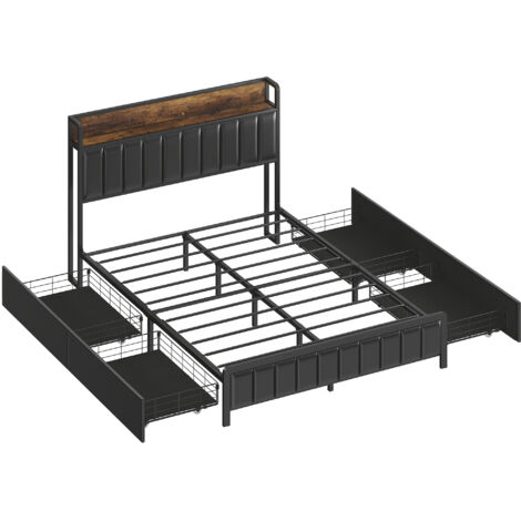 Cadre de lit double 140x190 cm métal noir avec sommier lattes, têtière rembourrée, 4 tiroirs et étagère