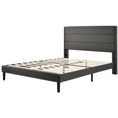 Cadre de lit double adulte, lit capitonné 140 x 200 cm, tissu lin gris foncé, design moderne