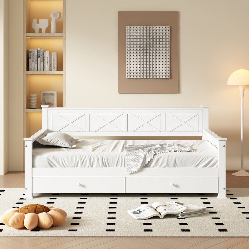 Cadre de lit double avec 2 tiroirs de rangement, plate-forme de lit en bois massif avec support à lattes, lit de jour robuste avec rangement, pas de