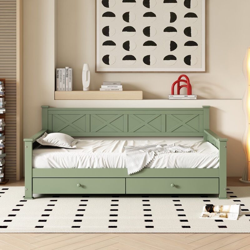 Cadre de lit double avec 2 tiroirs de rangement, plate-forme de lit en bois massif avec support à lattes, lit de jour robuste avec rangement, pas de
