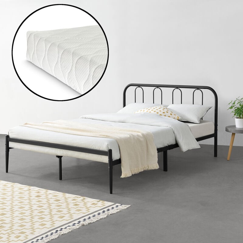 structure de lit métallique avec tête de lit et pied de lit avec matelas 160 x 200 cm noir