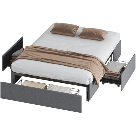 Cadre de lit double rembourré 140x190 cm gris, coffre avec 3 tiroirs, sommier lattes LVL silencieux