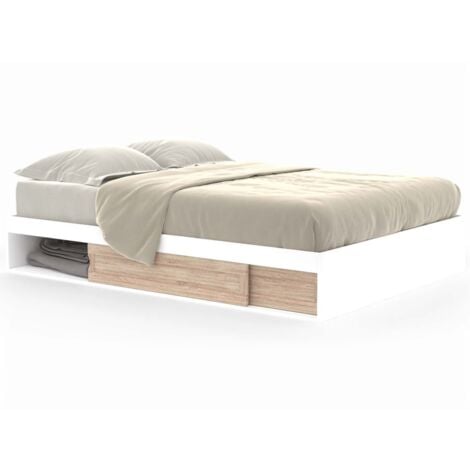 IDMARKET Cadre de lit double SALEM avec rangements et sommier 140 x 190 cm blanc et façon hêtre