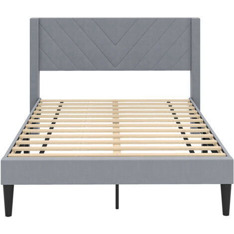 Cadre de Lit Double, Sommier Tissu Velouté avec Tête de Lit, Support Lattes en Bois, Patins Réglables, 200 x 140 cm, Charge 250 kg, Gris, Style 2