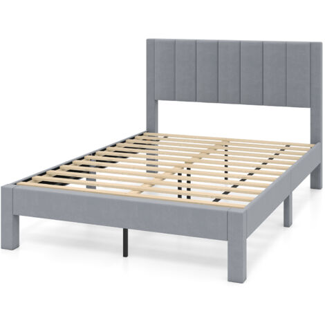 Cadre de Lit Double, Sommier Tissu Velouté avec Tête de Lit, Support Lattes en Bois, Patins Réglables, 200 x 140 cm, Charge 250 kg, Gris, Style 3