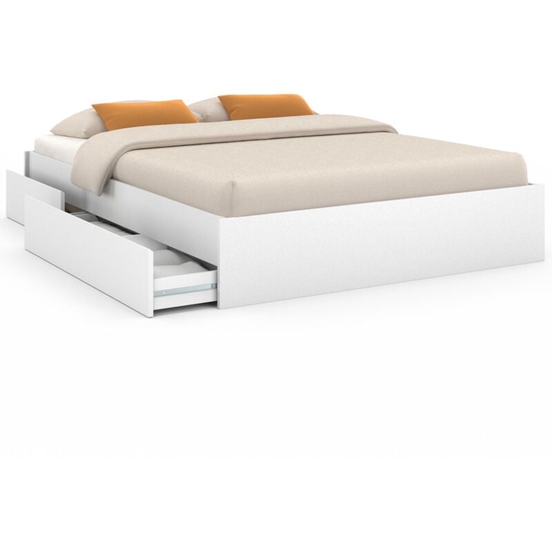 Cadre de lit double tomi 4 tiroirs avec sommier 140 x 190 cm blanc