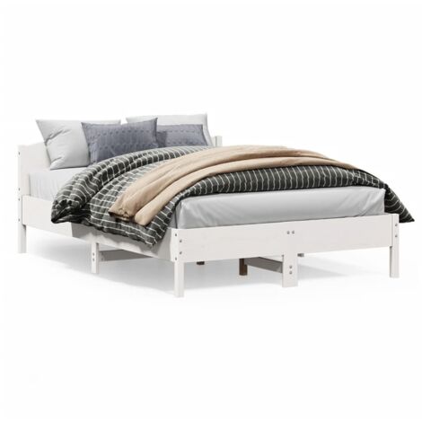 Cadre de Lit en Bois de Pin Massif Blanc 140x200 cm avec Latte de Contreplaqué et Support Dorsal