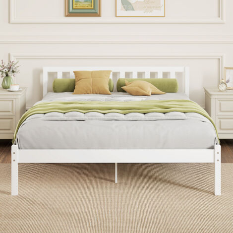 Cadre de lit en bois massif 140x190 cm lit simple avec tête de lit et sommier à lattes solide pour enfants adultes