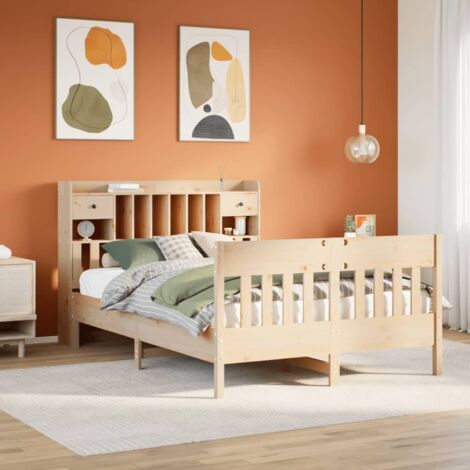 Cadre de Lit en Bois Massif de Pin 140x200 cm avec Sommier à Lattes, Tête de Lit à 6 Compartiments et 2 Tiroirs de Rangement