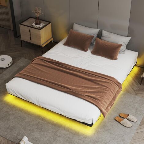 Cadre de lit en métal, avec LED et prises, 90 x 200 cm, application et télécommande, construction stable avec sommier à lattes