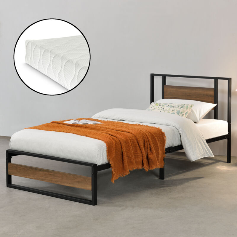 cadre de lit simple villach matelas 90 x 200 cm noir mat effet noyer