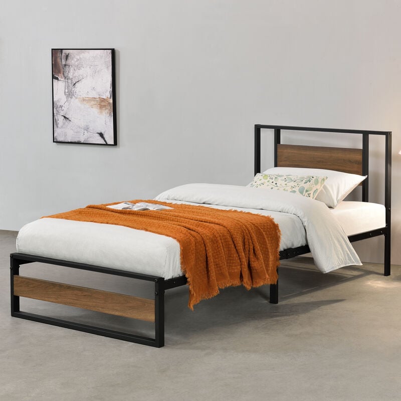cadre de lit simple villach en métal 90 x 200 cm noir mat effet noyer
