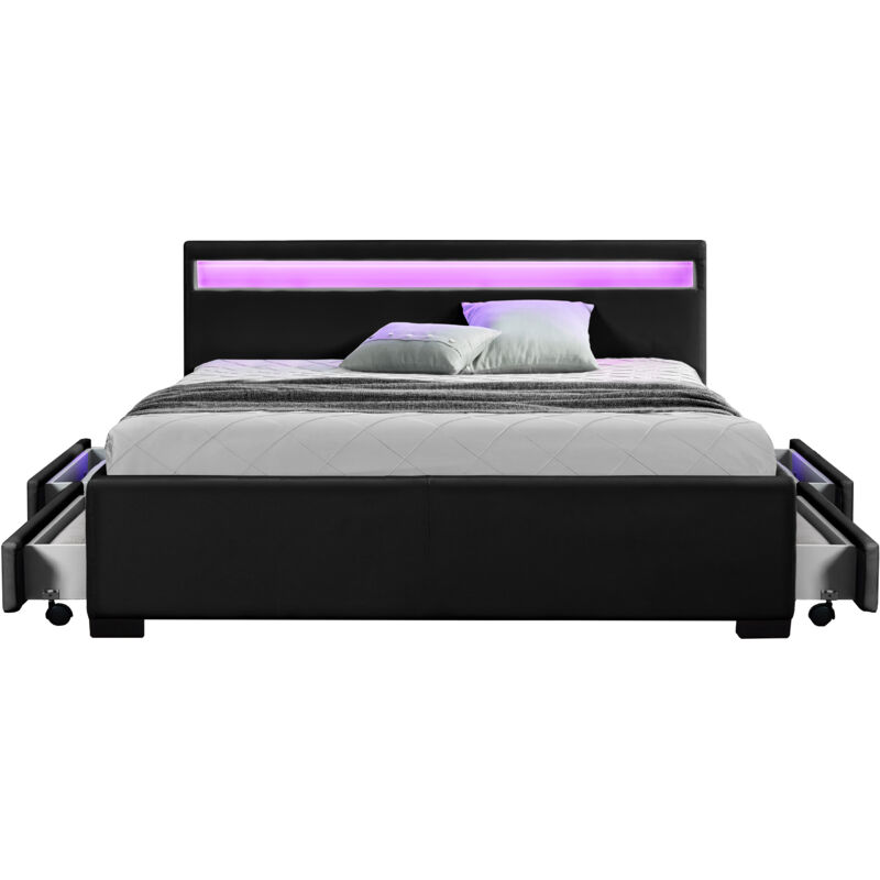 Lit Enfield - Structure de lit en pu Noir avec rangements et led intégrées - 140x190 cm