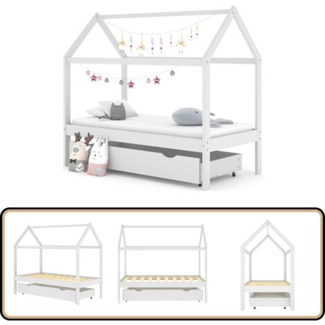 Cadre de lit enfant avec tiroir blanc bois pin massif 80x160 cm - Lit Bébé - Lit Enfant - Mobilier Enfant - Meuble Design Enfant - Lit Coffre