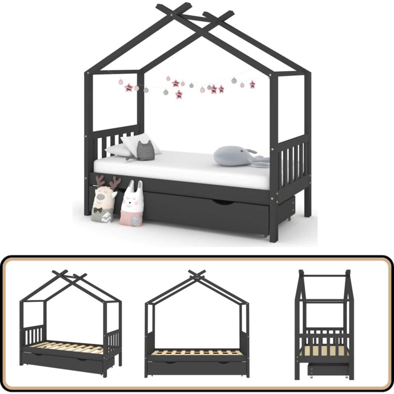 Cadre de lit enfant avec tiroir gris foncé pin massif 80x160 cm - Lit Bébé - Lit Enfant - Cadre Lit Enfant - Lit Design Enfant - Mobilier Enfant