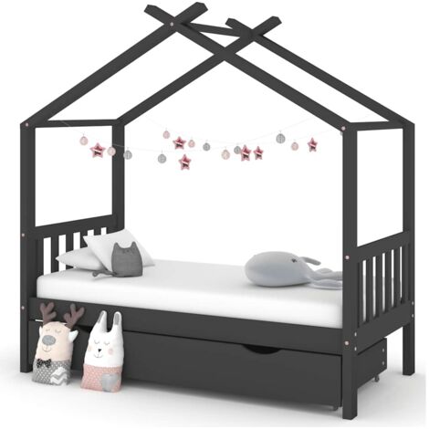 Cadre de lit enfant avec tiroir Moderne - Lit simple pour Couchage, facile à assembler gris foncé pin massif 80x160 cm -65936