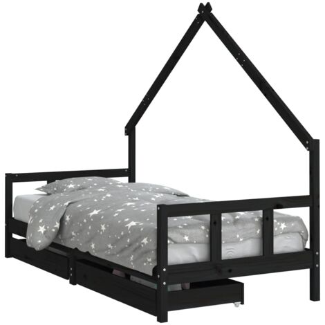 Cadre de lit enfant avec tiroirs noir 90x200 bois pin massif