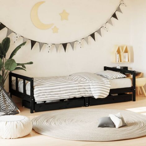 Cadre de lit enfant avec tiroirs-Structure de lit avec rangement noir 90x200 cm bois pin massif 471307
