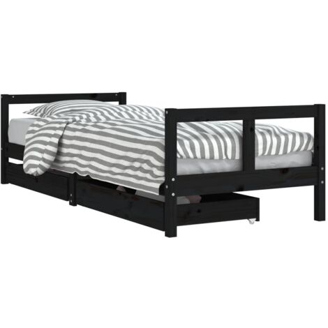 Cadre de lit enfant tiroirs noir 80x200 bois de pin massif