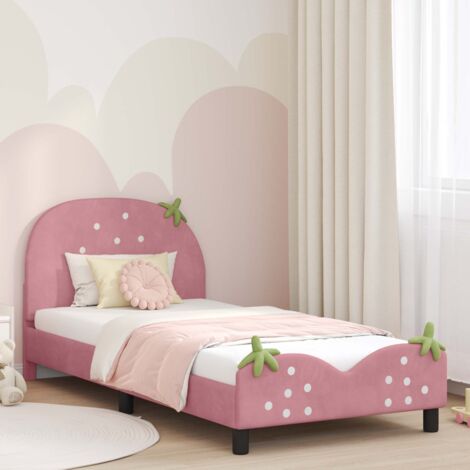 Cadre de Lit Évolutif pour Enfant avec Tête de Lit Rose Velours 90x200 cm - Bois d'Ingénierie Résistant et Lattes Fixes