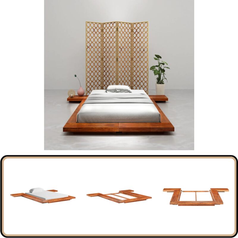 Cadre de lit Futon japonais sans matelas Bois massif 100x200 cm - Cadre De Lit Japonais - Lit Futon - Lit En Bois - Lit Double - Meubles Orientaux
