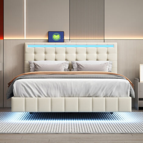 Cadre de lit LED Full, 140 x 200 cm Lit flottant tapissé avec tête de lit, pas de sommier nécessaire, lin, beige