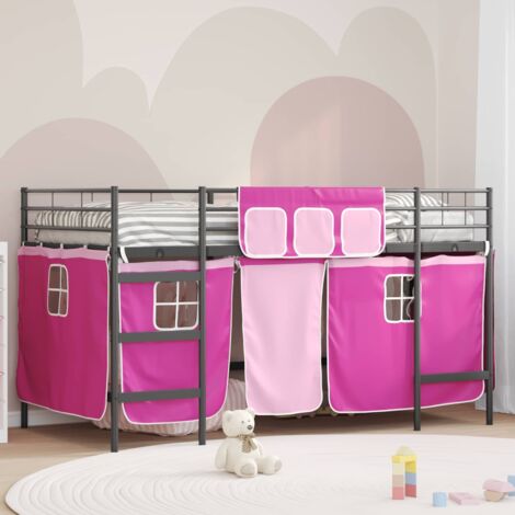 Cadre de Lit Loft Mezzanine Enfant avec Rideaux en Maille Noir Rose en Métal Finition Poudre Lit Simple 90x190cm