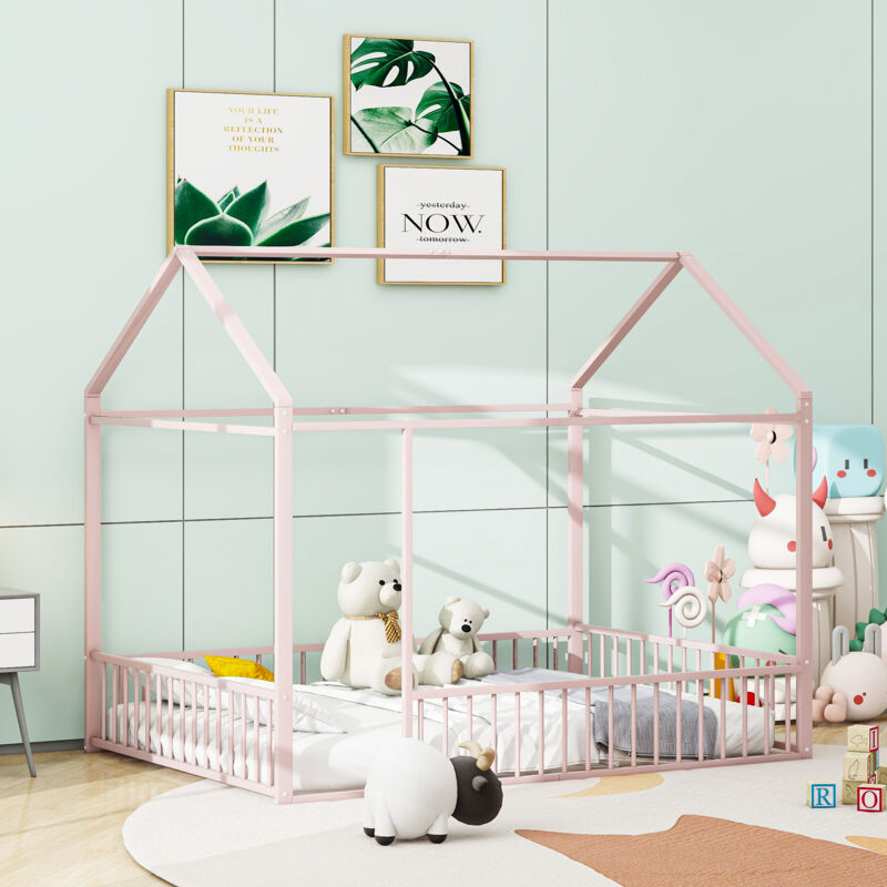 Okwish - Lit enfant 140x200 cm lit double lit cabane avec clôture, en métal, rose