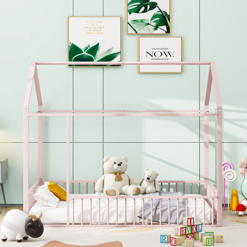 Redom - Lit cabane enfant 140x200 cm, lit 2 place, structure métal avec barrières, pour adolescents, rose, sans matelas