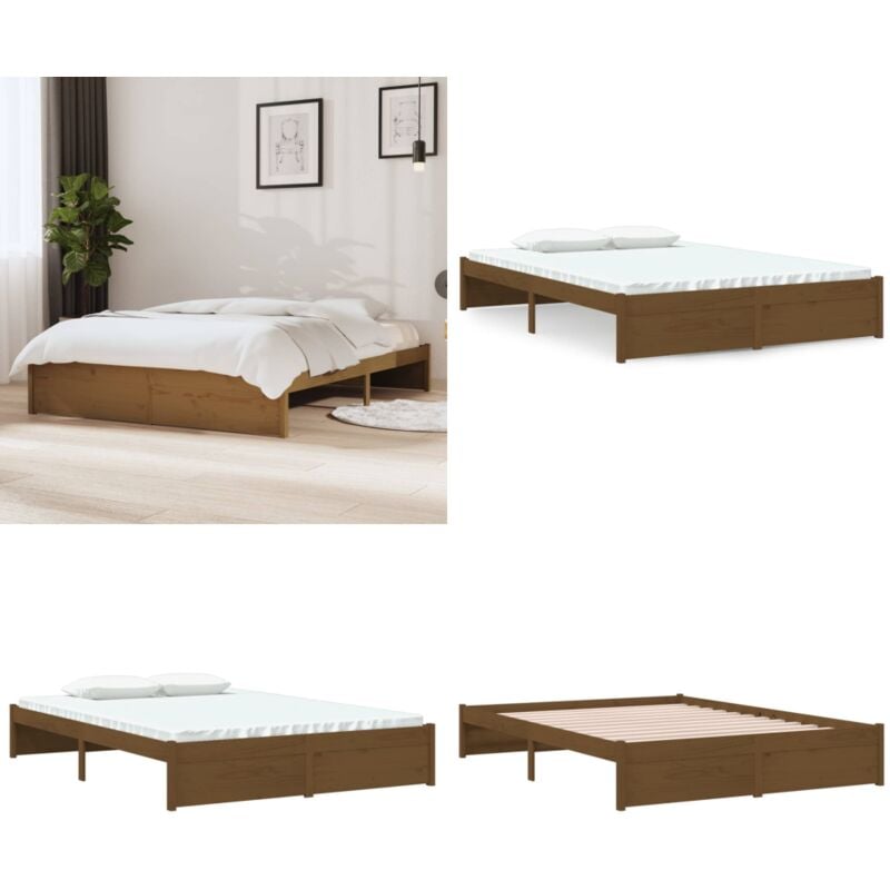Cadre de lit sans matelas marron miel bois massif 140x200 cm - Cadre De Lit - Lit Double - Bois Massif - Lit Design - Chambre à Coucher - Home &