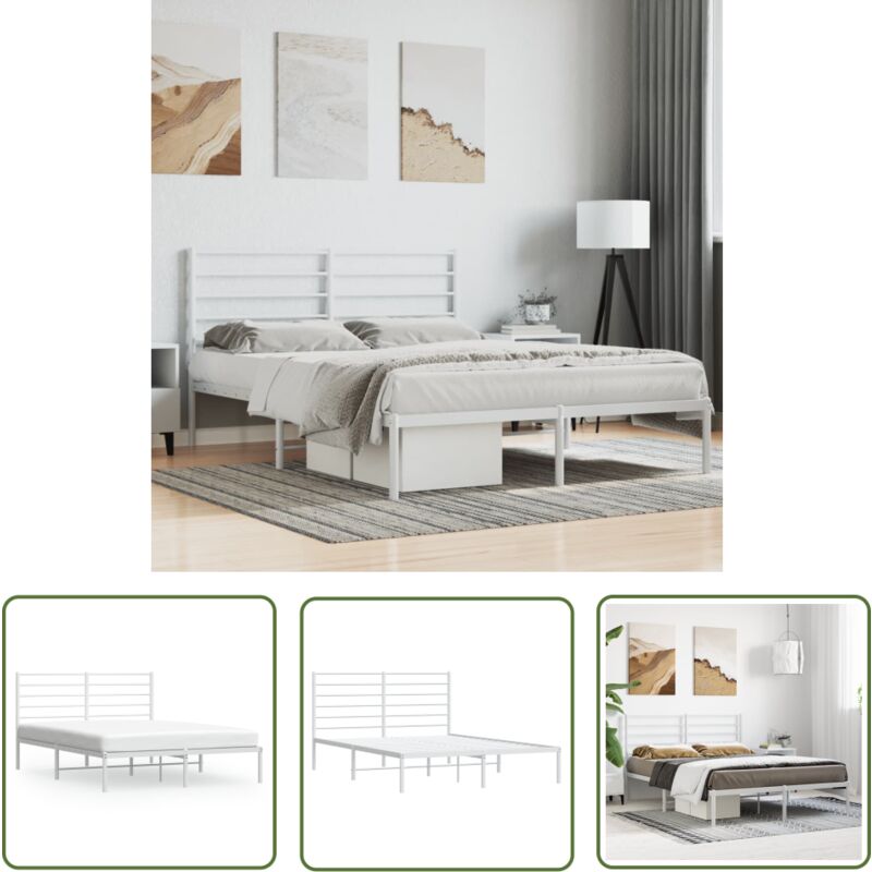 The Living Store Cadre de lit métal sans matelas et tête de lit blanc 160x200 cm - Cadre De Lit - Lit Double - Lit Metal - Lit Blanc - Meuble Chambre