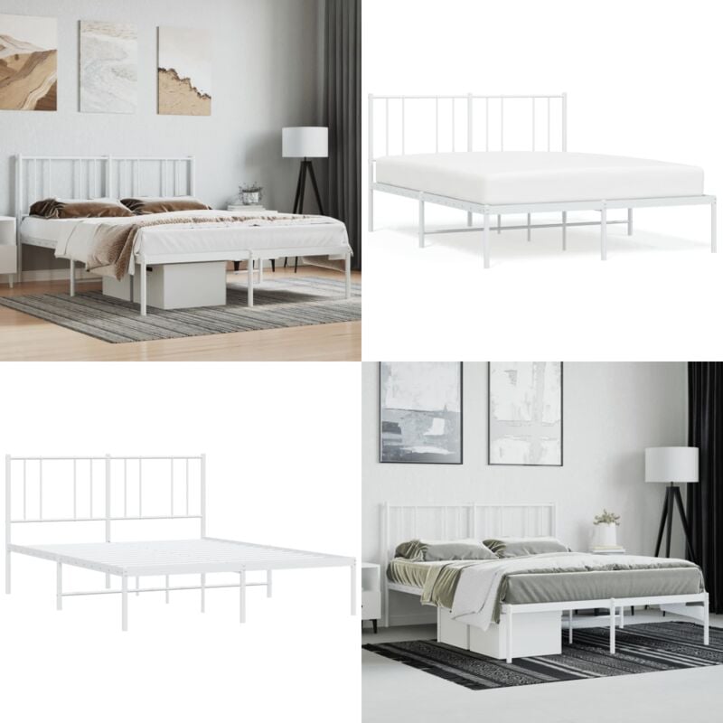 Cadre de lit métal sans matelas et tête de lit blanc 160x200 cm - Cadre De Lit - Lit Double - Lit Metal - Lit Blanc - Meuble Chambre - Home & Living