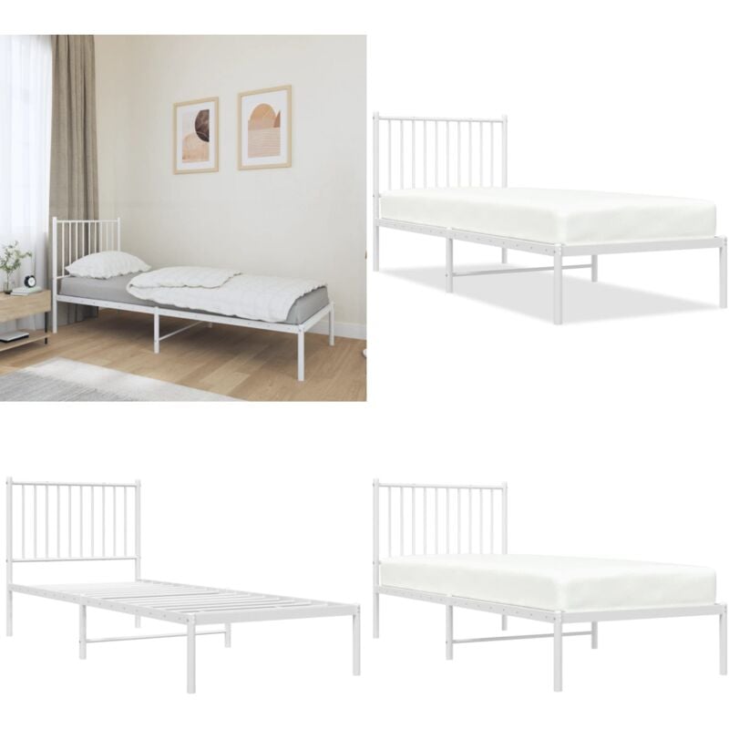 Cadre de lit métal sans matelas avec tête de lit blanc 80x200cm - Cadre De Lit - Lit Simple - Lit Metal - Lit Blanc - Meuble Chambre - Home & Living