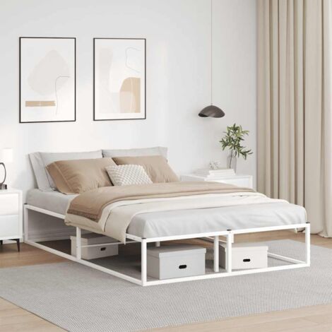 Cadre de lit metal blanc 140x200 cm avec sommier lattes et espace rangement sous le lit