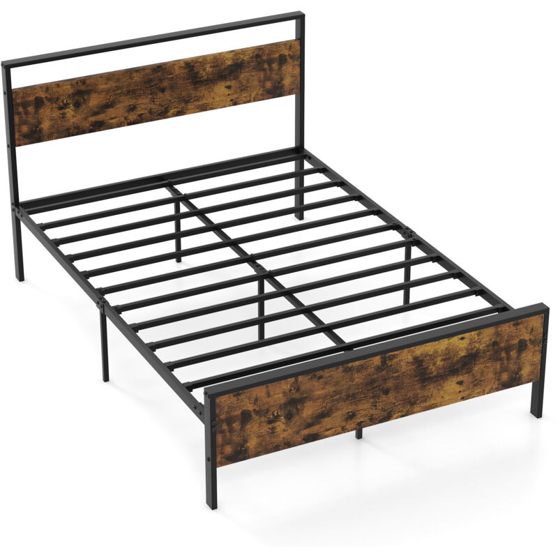 Costway - Cadre de Lit Métal Double 200x140CM avec Tête & Pied de Lit en Bois, Lattes en Métal Robustes, Espace sous le Lit, Pas Besoin de Sommier,