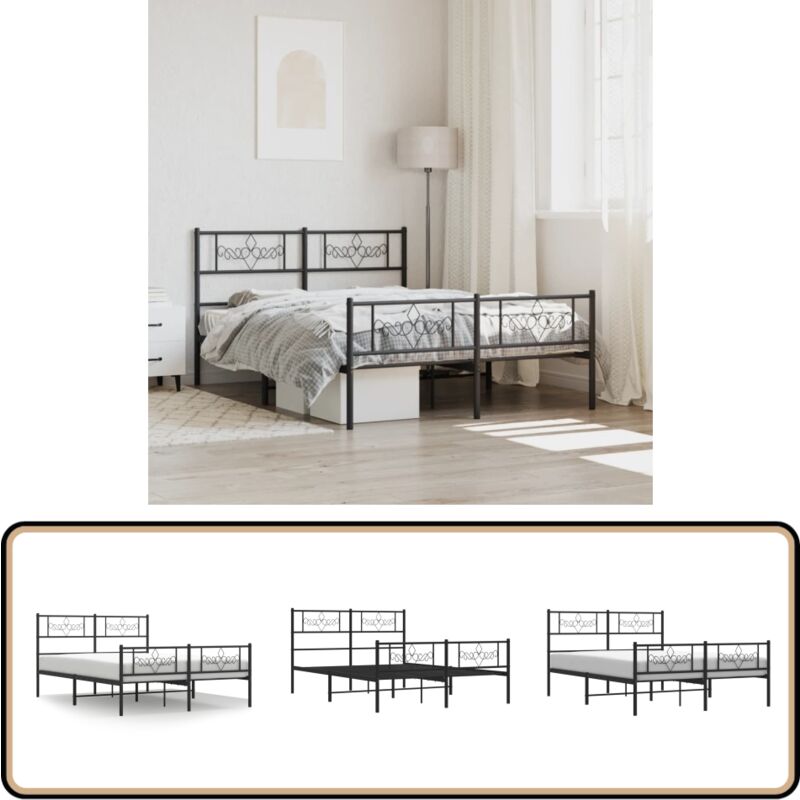 Cadre de lit métal sans matelas avec pied de lit noir 140x190cm - Cadre De Lit - Lit Double - Lit Metal - Lit Noir - Meuble Chambre
