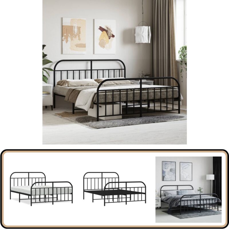 Cadre de lit métal sans matelas avec pied de lit noir 180x200cm - Cadre De Lit - Lit Double - Lit Metal - Lit Noir - Meuble Chambre