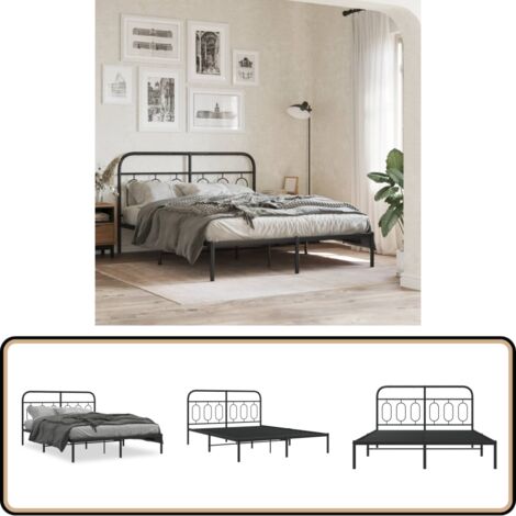 Cadre de lit métal sans matelas avec tête de lit noir 135x190cm - Cadre De Lit - Lit Double - Lit Metal - Lit Avec Têtedé Lit - Sommier