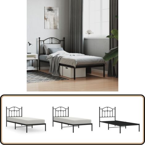 Cadre de lit métal sans matelas avec tête de lit noir 90x190 cm - Cadre De Lit - Lit Double - Lit Metal - Lit Avec Têtière - Literie